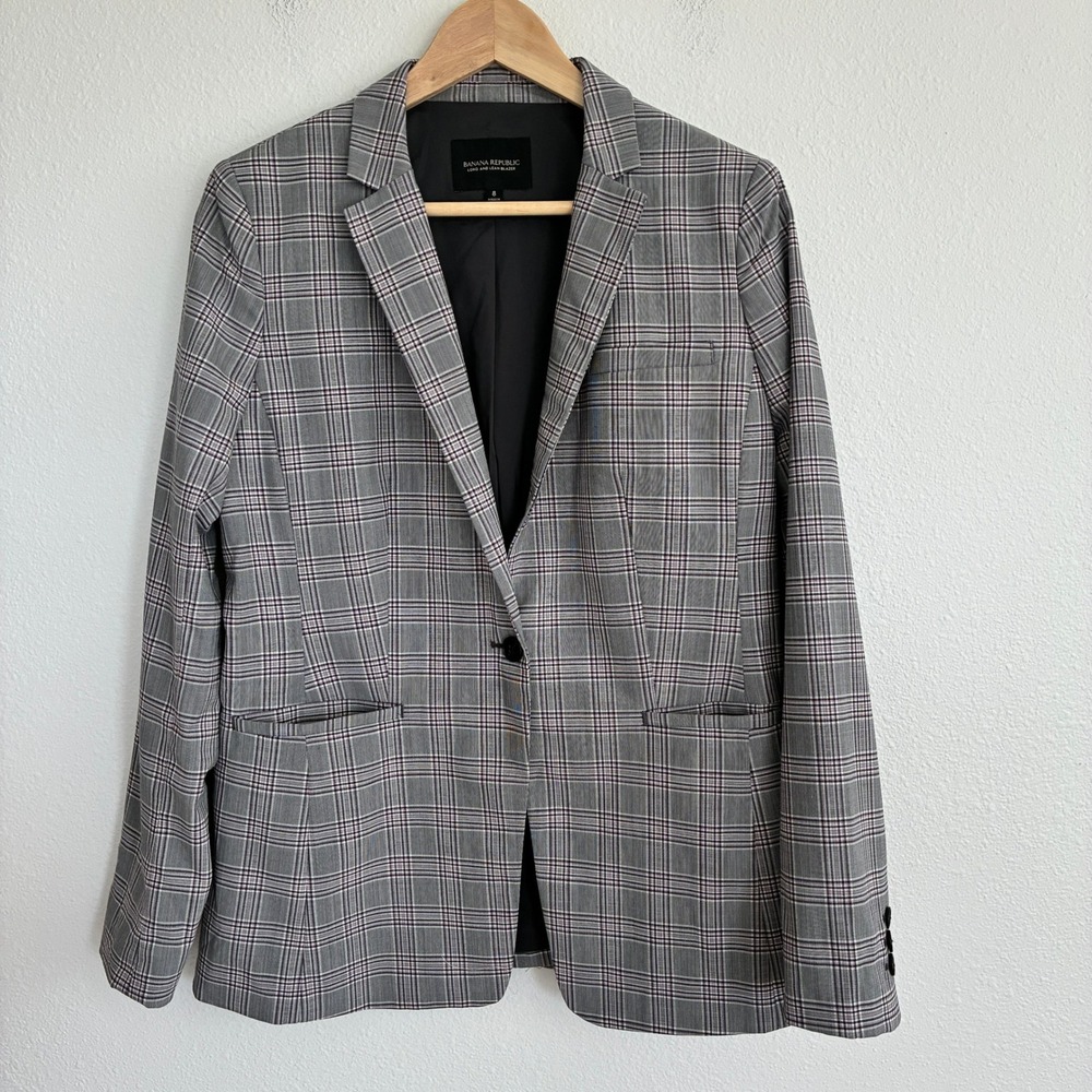 Banana Republic Long and Lean Blazer Women 8 Gray Lilac Purple Plaid Wool